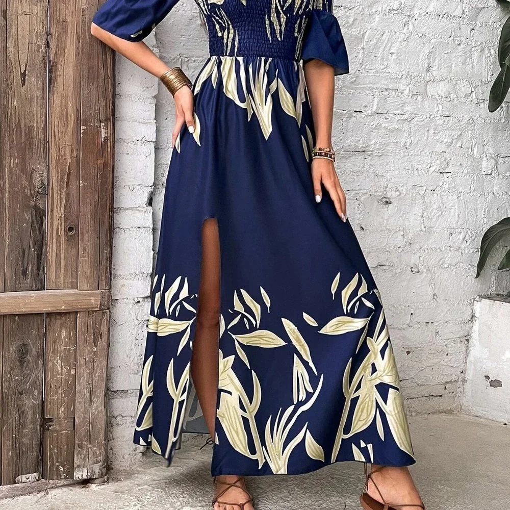 Blue boho Womens Plants Print Shirred Detail Off Shoulder Split Thigh Dress - Picture 3 of 5